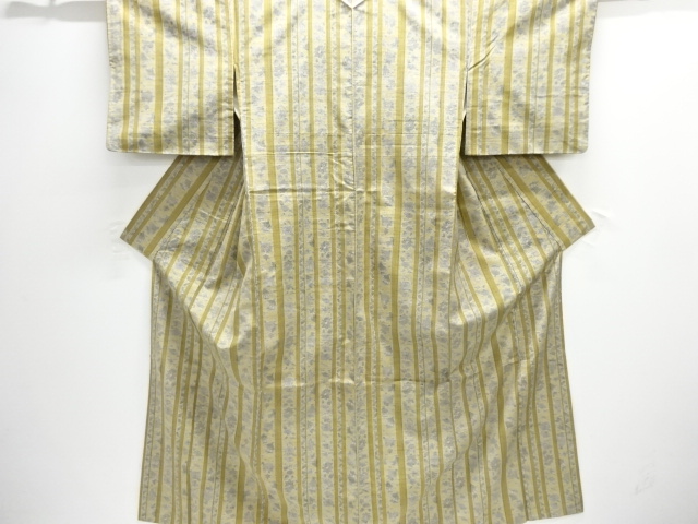 JAPANESE KIMONO / SILK / HAND WOVEN TSUMUGI / STRIPE & FLORAL PLANTS